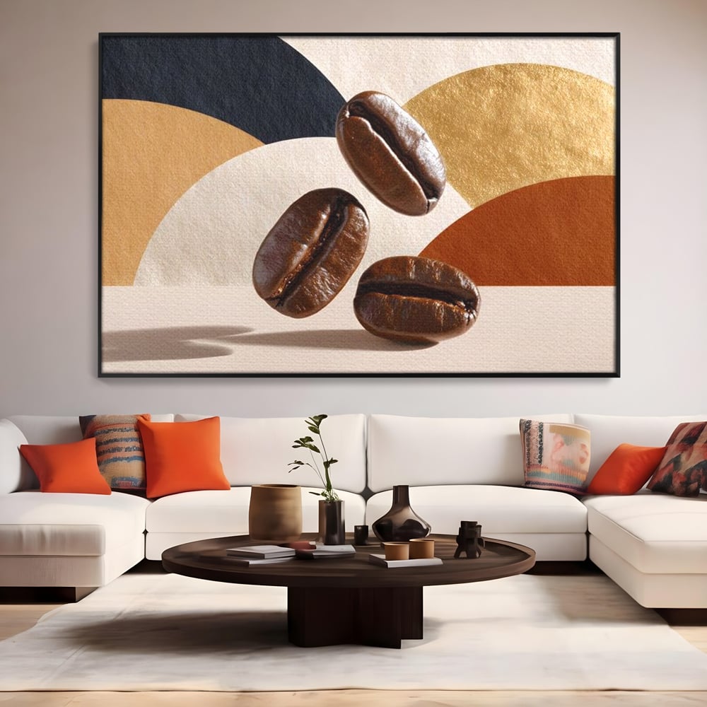 Tablou canvas cu tablou canvas cu boabe de cafea, in rama de aluminiu negru, pe perete intr-un living